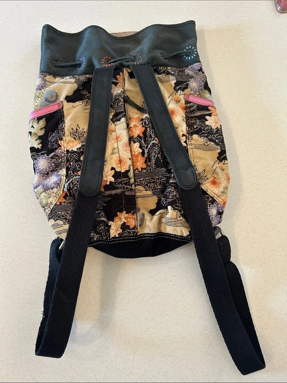 Lucky Brand Floral Leather Drawstring Backpack Sling Bag Shoulder Bag Crossbody